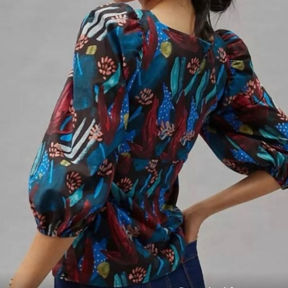 Anthropologie Eva Franco Tropical Sweetheart Neck Blouse Puff Sleeves size 12 - Picture 5 of 9